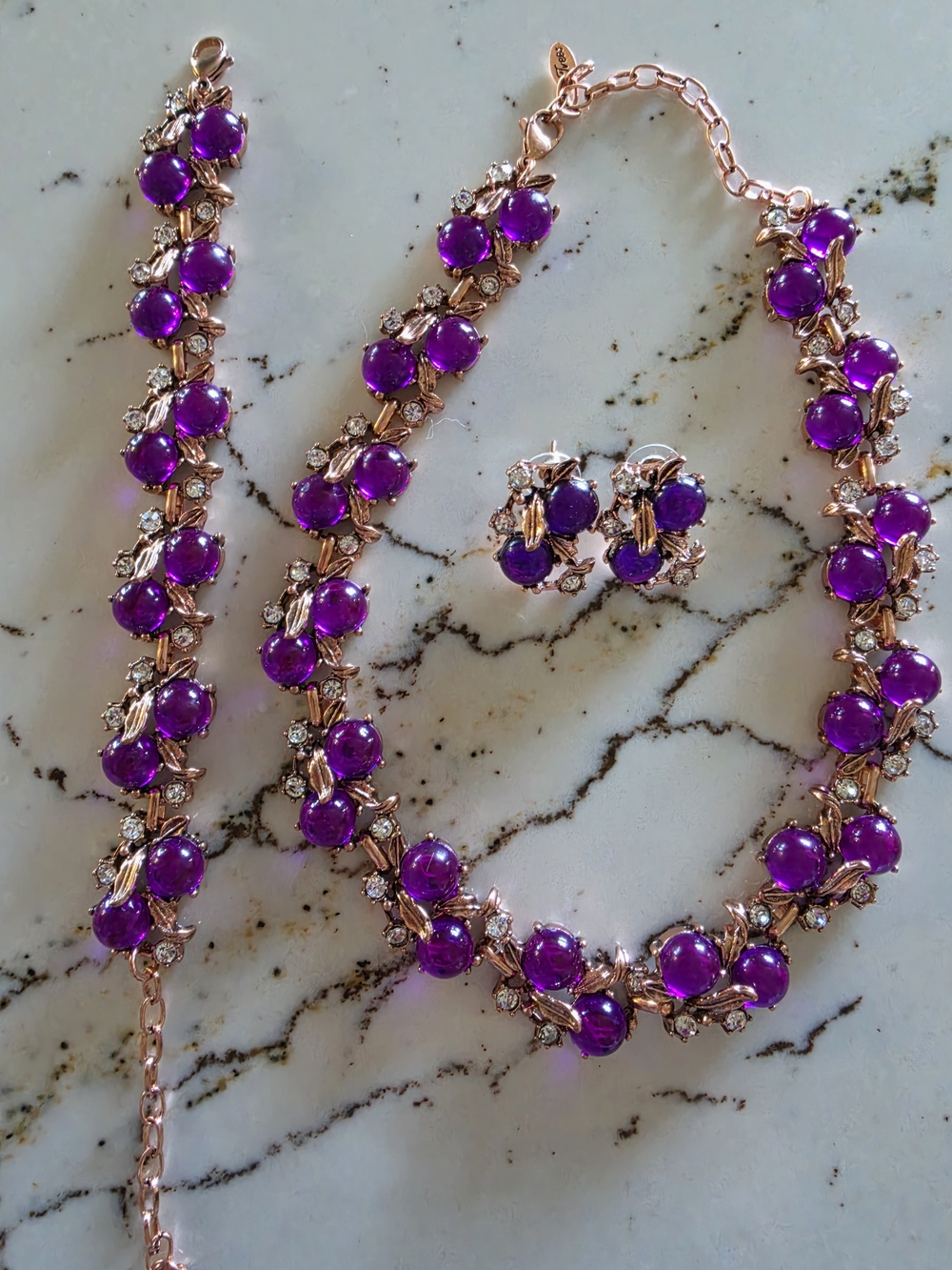 Rose Gold Necklace, Bracelet, And Earrings By Tree